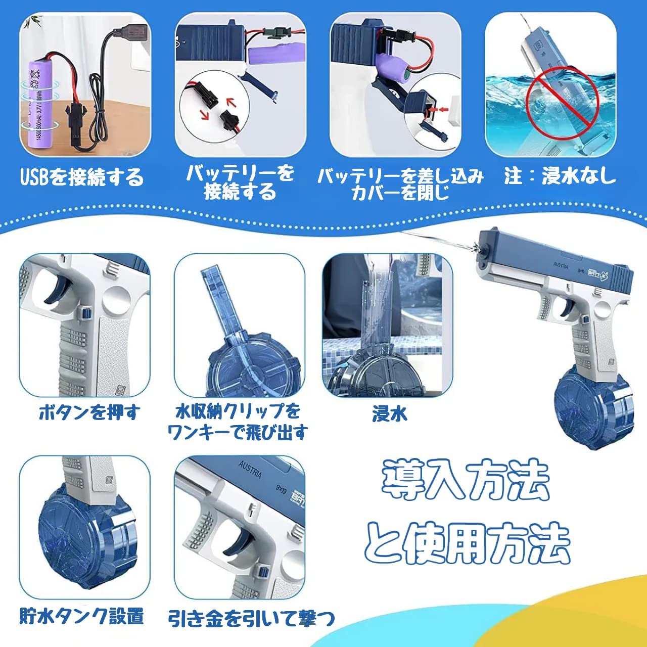 電動式連射水鉄砲 自動ウォーターガン 超強力飛距離 高速連続 発射式 子供用ウォー...