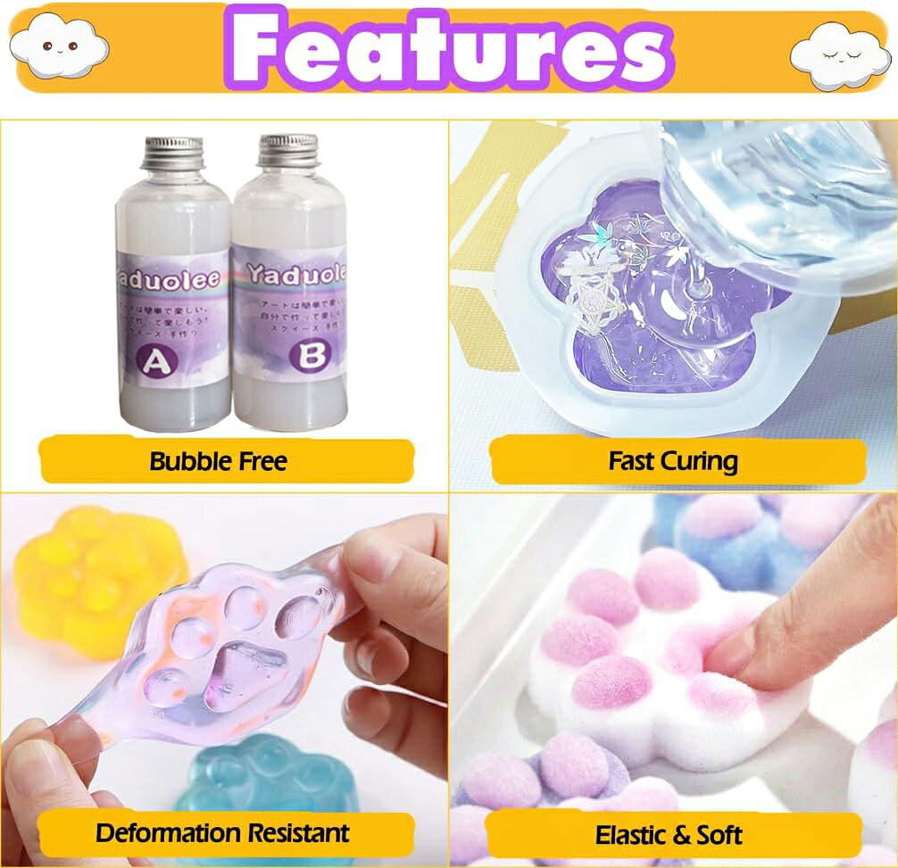 スクイーズ手作りキット スクイーズレジン セット （50+50ml）肉球モールドとフロッキングパウダー付き DIY ストレス解消 握る ふわふわ玩具 柔らかい プレゼント 子供 大人 原液 手芸 iroiro39-10001255 IROIRO 良品 サンプル画像3