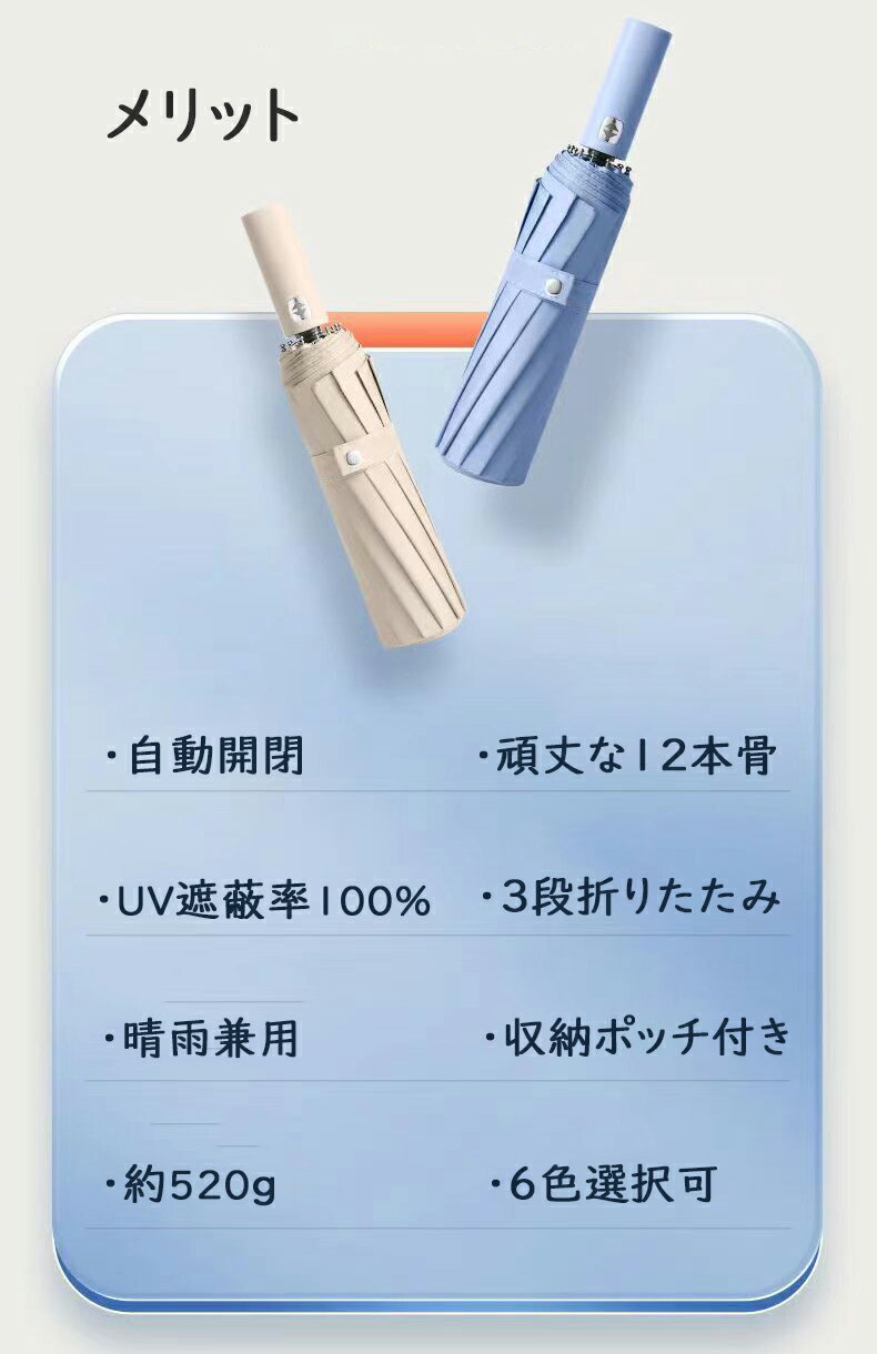 日傘 折りたたみ 完全遮光 遮光率100% 12本骨 晴雨兼用 uvカット 折りたたみ傘 自動開閉 レディース メンズ 折り畳み傘 軽量 晴雨傘 ワンタッチ 折れにくい 傘 遮熱 遮光 耐風 撥水 収納ポーチ付き 高温対策 男女兼用 6色