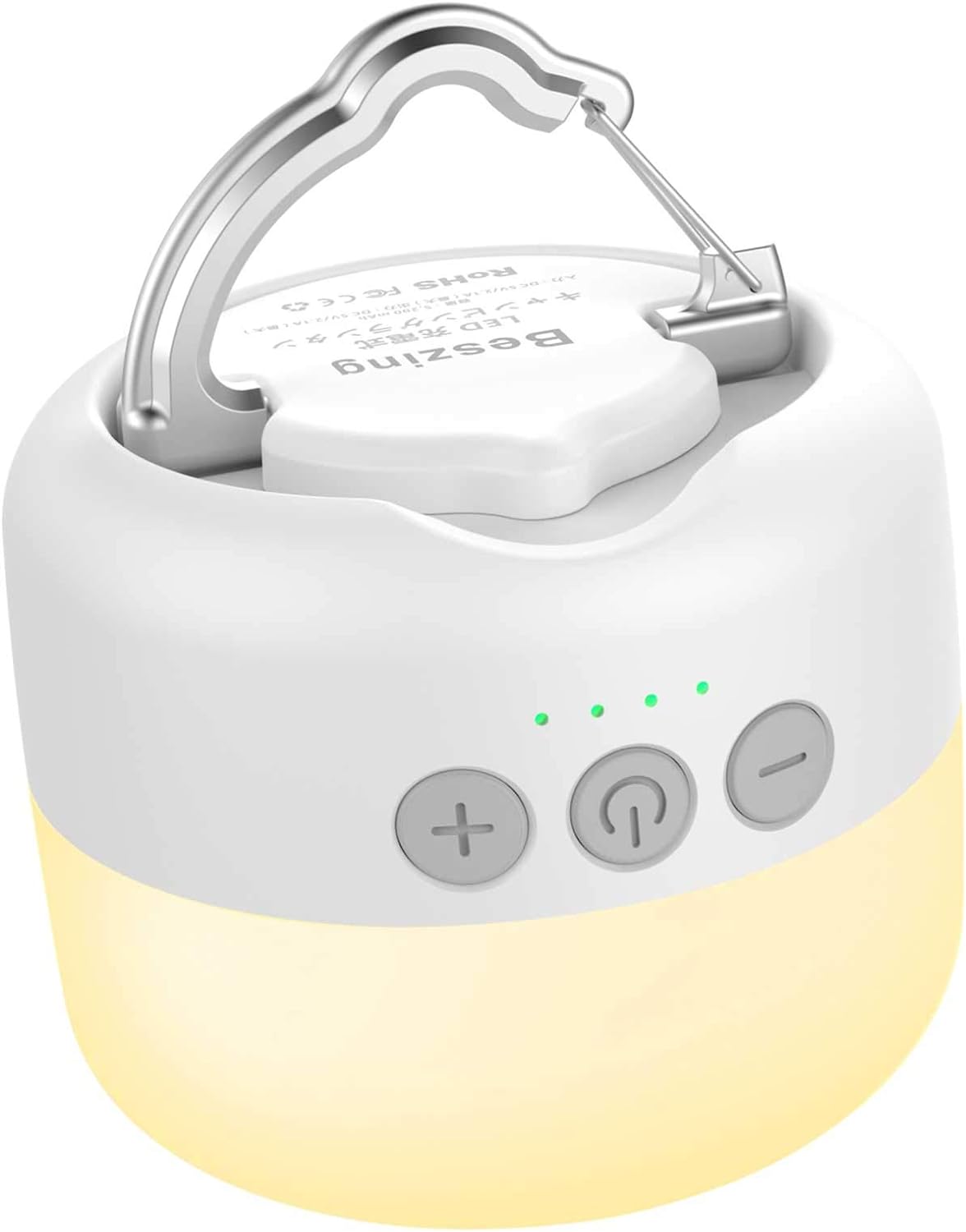 【光色・輝度記憶機能搭載】：点灯状態で、電源ボタンを短押しして光色を切り替ります。+または-ボタンを長押してして明るさを調節します。電源を切って、消灯前の光色と明るさを自動的に記憶します。再点灯して、設定した光色と明るさで光り、使用簡単で便利です 【3色切替、無段階調光、独立操作SOS】：点灯状態で、電源ボタンを短押しして、昼白色→電球色（暖色）→自然白を切り替わります。＋/－ボタンを長押しして明るさを微調節で無段階調光し、キャンプランタンなどとして使用可能です。点灯/消灯中でも+と-を同時に押してすぐに赤点滅SOSになり、緊急状態で快速に切り替わって、非常に実用です。独立操作のSOSは普通の使用に影響しません（電源ボタンを長押しして、点灯中のSOSを消灯します） 【5200mAh大容量、過充電・過放電防止機能搭載】：USB充電式の5200mAh大容量で、満電状態では（弱輝度で）255時間まで連続点灯可能です。本体側は入力端子を経由してランタンへ充電可能です（充電はAC 2A出力のアダプターを使用してください。それと、充電ケーブルが完全に差し込んだことをあらためて確認してください）。2.1A出力USB端子でスマホやタブレット、GPSなどへ充電可能です（応急電源として利用可能） 【認証、安全耐久】：1、PSE/CE/FCC/UN38.3認証済。2、折畳み式亜鉛合金フック。3、アルミ製PCBA板で良い放熱を確保しています 4. ライトカバーがPP材料を採用して優しく、目に眩しくなく、柔らかい光線で光ります 【強力磁石内蔵、軽量小型で携帯便利】：ランタン内部には強力磁石内蔵で、鉄製品表面に吸着可能です。折畳み式フックが頑丈で、アウトドアキャンプランタンとして使用可能です。本体は約84*84*70mm/194g軽量小型で、携帯便利です