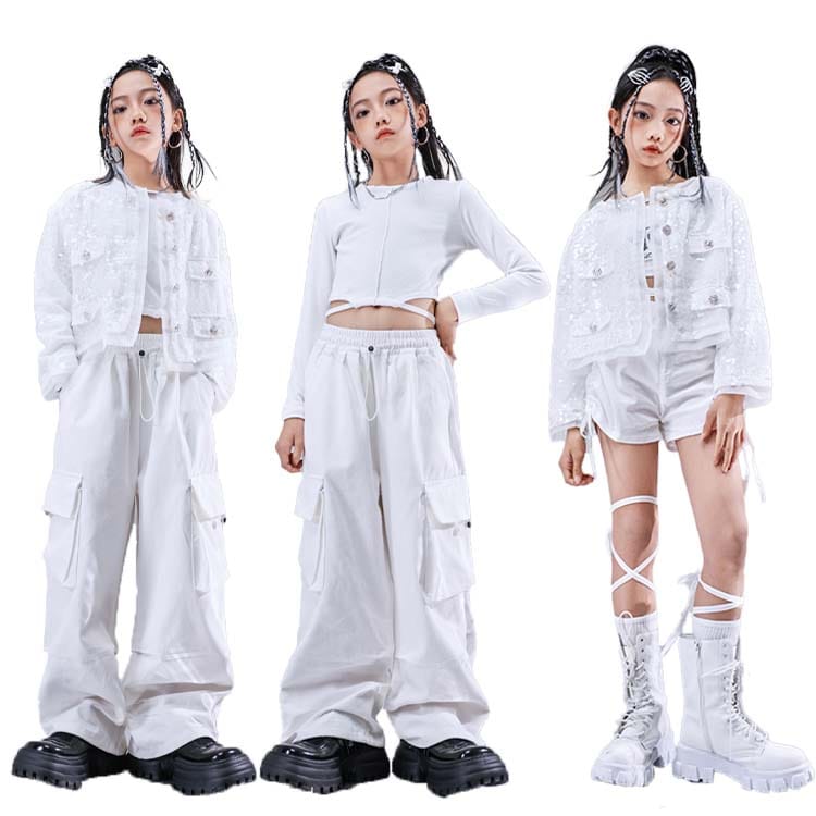 Rakuten - ガールズ ジャケット パンツ キッズダンス衣装 セットアップ ヒップホップ キッズ 衣装 スパンコール 韓国風 子供服 女の子 ストリート 長袖 白 ストリートダ 練習着 おしゃれ