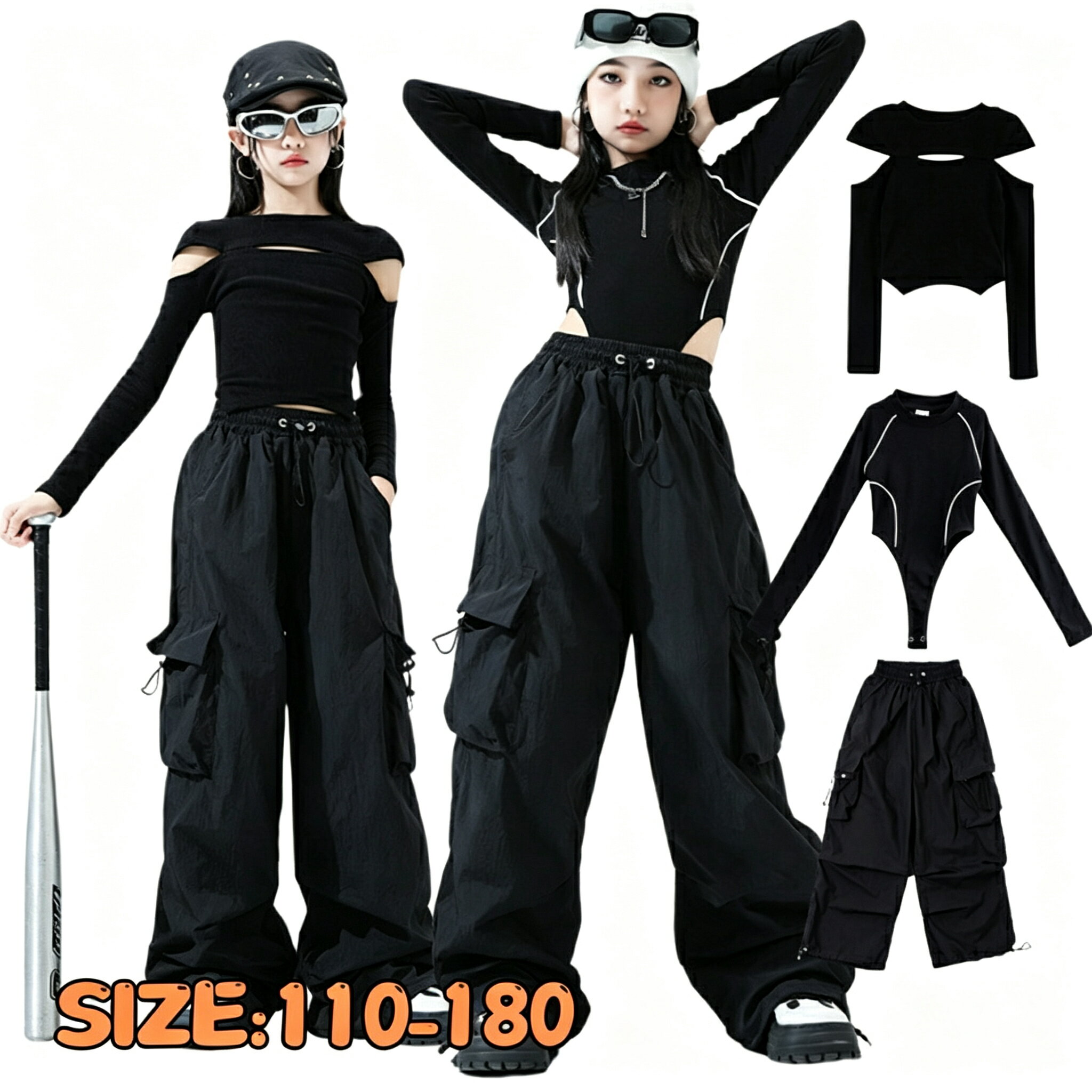 Rakuten - 黒 子供ダンス キッズダンス衣装 女の子 セットアップ 長袖 トップス カーゴパンツ 春 秋 冬 or 単品 ジャズ チームダンス ヒップホップ ロングパンツ おしゃれ kpop 中学生 小学生 韓国