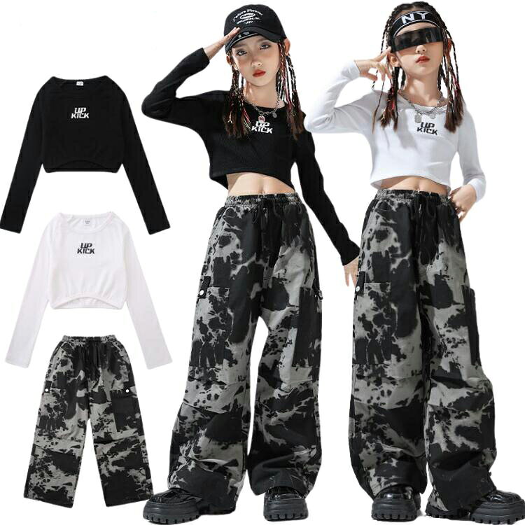 Rakuten - 迷彩柄 パンツ ダンス 衣装 子供服 女の子 キッズダンス衣装 セットアップ 子ども服 ヒップホップ 白 黒 トップス へそ出し 長袖 カーゴパンツ ストリ セット ダンス衣装 ロング丈
