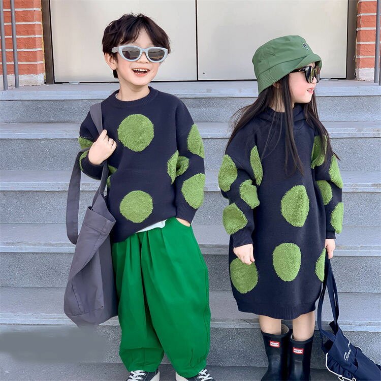 セーター 兄妹お揃い 姉妹 韓国子供服 ニット ドット柄 水玉 女の子 男の子 ベージ...