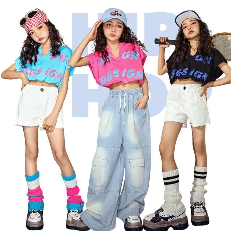 Rakuten - キッズダンス衣装 ヒップホップ セットアップ 女の子 ショーツ トップス ジーンズ デニムパンツ レッグウォーマー 3点セット ピンク ブルー ブラック 舞台服 オシャレ 応援団 演出会