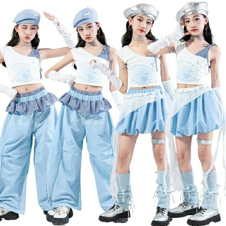 Rakuten - ダンス衣装 韓国 アイドル キッズダンス セットアップ 水色 チョッキ パンツ スカート 白 カーゴパンツ おしゃれ 団体服 ストリート系 演出服 ステージ衣装 個性 発表会 ダンスウェア