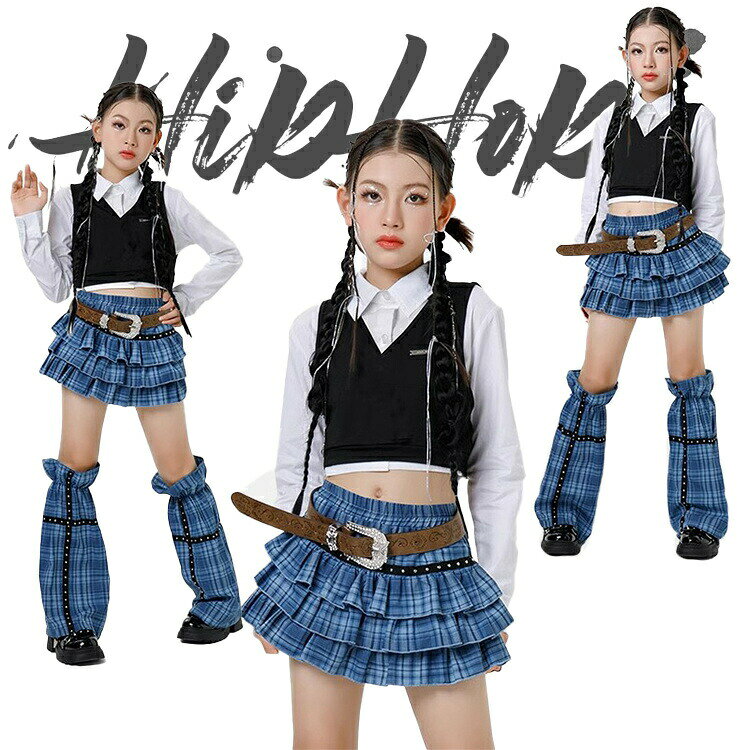 Rakuten - キッズ 女の子 ダンス衣装 チェック柄 長袖 スカートセット スーツ 白シャツ ヒップホップ レッグウォーマー ストリート系 かわいい へそ出し ジュニア jazz K-POP 練 ガールズ オシャレ