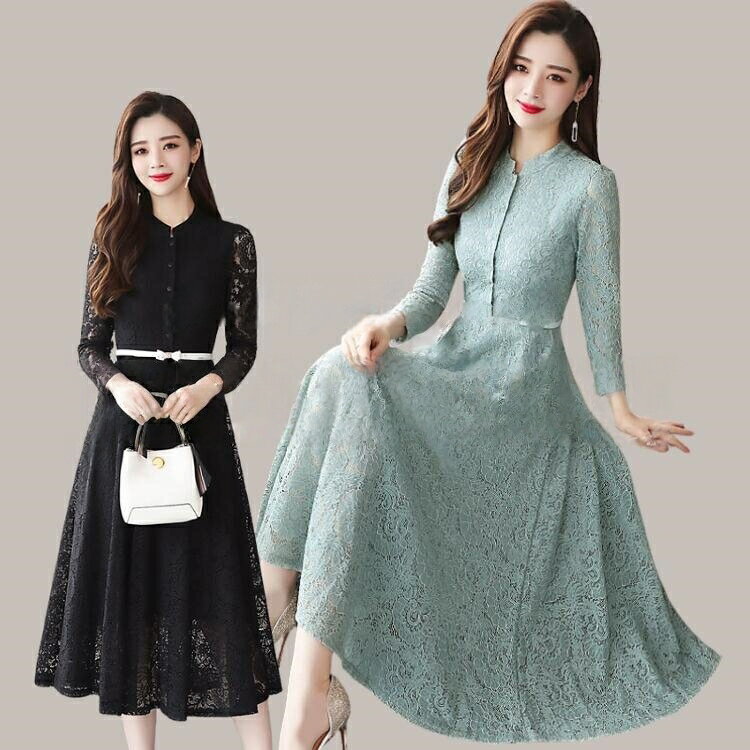 Rakuten - レースワンピース パーティードレス 結婚式 ワンピース 長袖 ロング Aライン ミモレ丈 黒 緑 ブラック グリーン 上品 エレガント きれいめ 二次会 フォー お呼ばれドレス 演奏会 謝恩会