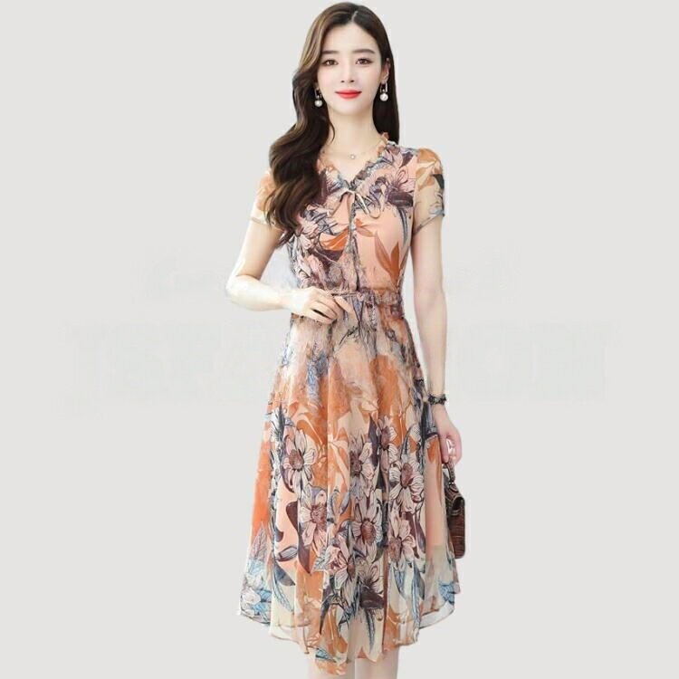 Rakuten - 花柄ワンピース シフォン Aライン ワンピース シースルー 花柄 半袖 ひざ下丈 ミディアム丈 膝下 ミモレ丈 ガーリー きれいめ 体型カバー お出かけ 春コーデ 大きい レディース 春夏