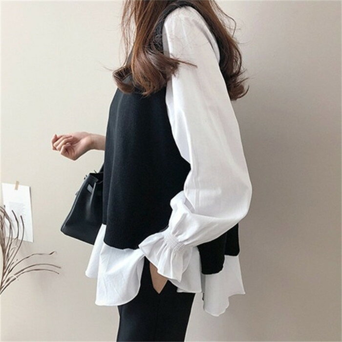 Rakuten - ニットシャツ 2点セット ニットベスト レイヤード シャツ×ニット セットアップ ニット チュニック ブラウス シャツ 長袖 重ね着 バックスリット トップス chic 韓国風 秋 レディース