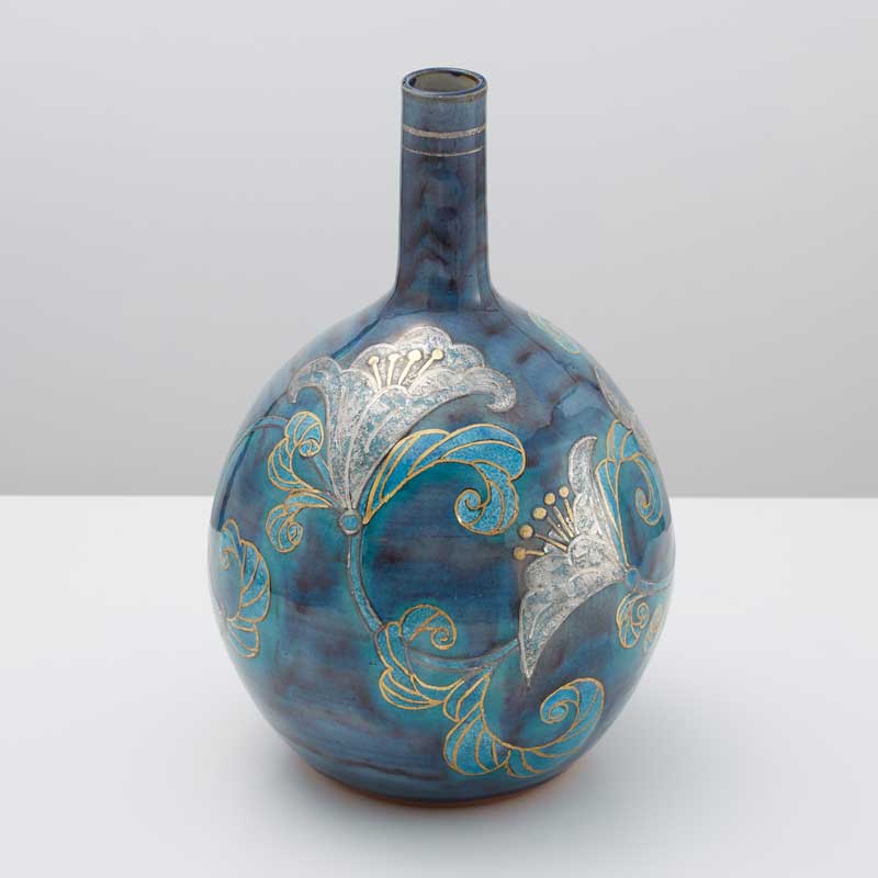 九谷焼 7号花瓶 彩流金銀彩花唐草　苧野憲夫作