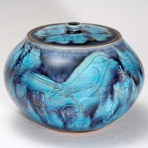 九谷焼 水指 彩流花と鳥 日展作家 苧野憲夫作