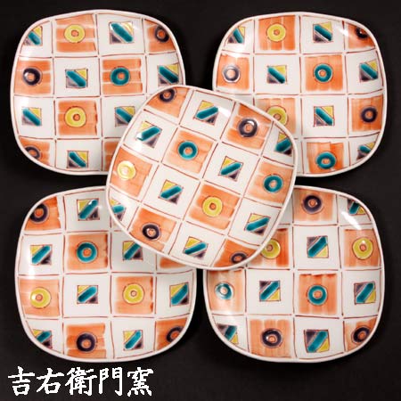 九谷焼 5.5号皿揃 色石畳 中皿 角皿 取皿 銘々皿 和食器 取り皿 五枚セット