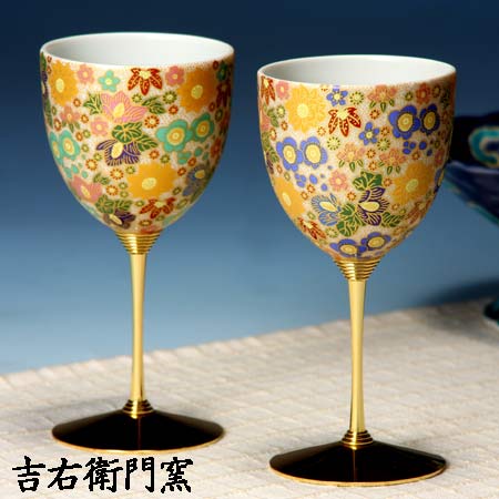 九谷焼 ペアワインカップ 極上花詰グリーン・ブルー 九谷焼 ワイングラス