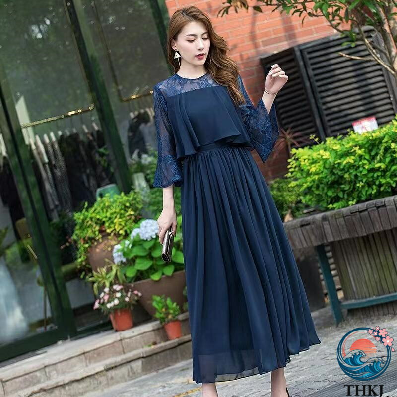 【全品2点で5%OFF】花柄レース プリーツ ロングドレス ブラック ネイビー ブルーグレー 結婚式 披露宴 二次会 お呼ばれ 演奏会 フォーマル パーティ ゆったり