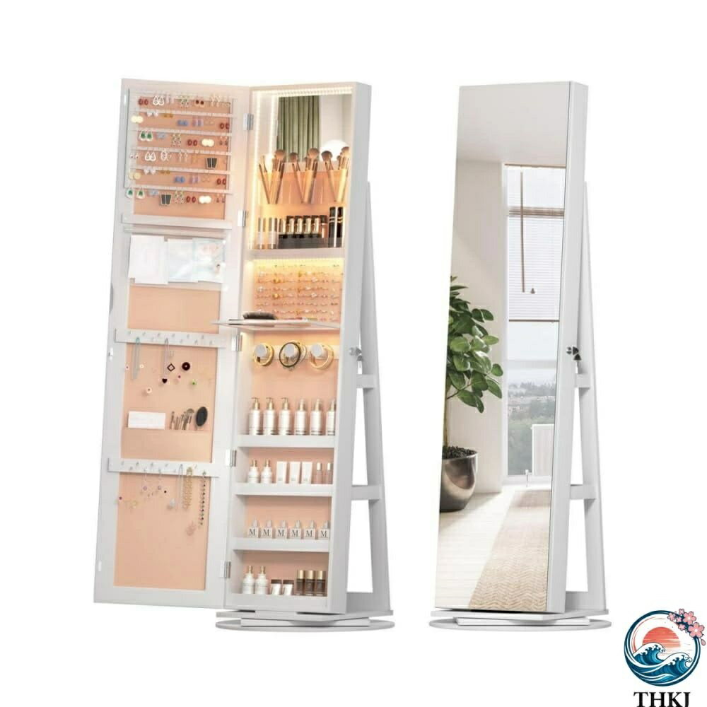 电脑桌 - 【全品5%ポイント】360° 回転収納付き全身鏡 大容量回転式ジュエリーミラーキャビネット メイクアップ棚付きスタンド式ジュエリーキャビネットオーガナイザー LED ライト付き 寝室用 クローク用