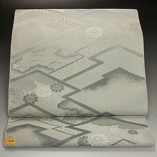 西陣紫野　正絹法事用　九寸名古屋帯 つづれグレー 松皮菱文様　《冬用》【法事用】【偲ぶ茶会】【弔事用】【喪服帯】