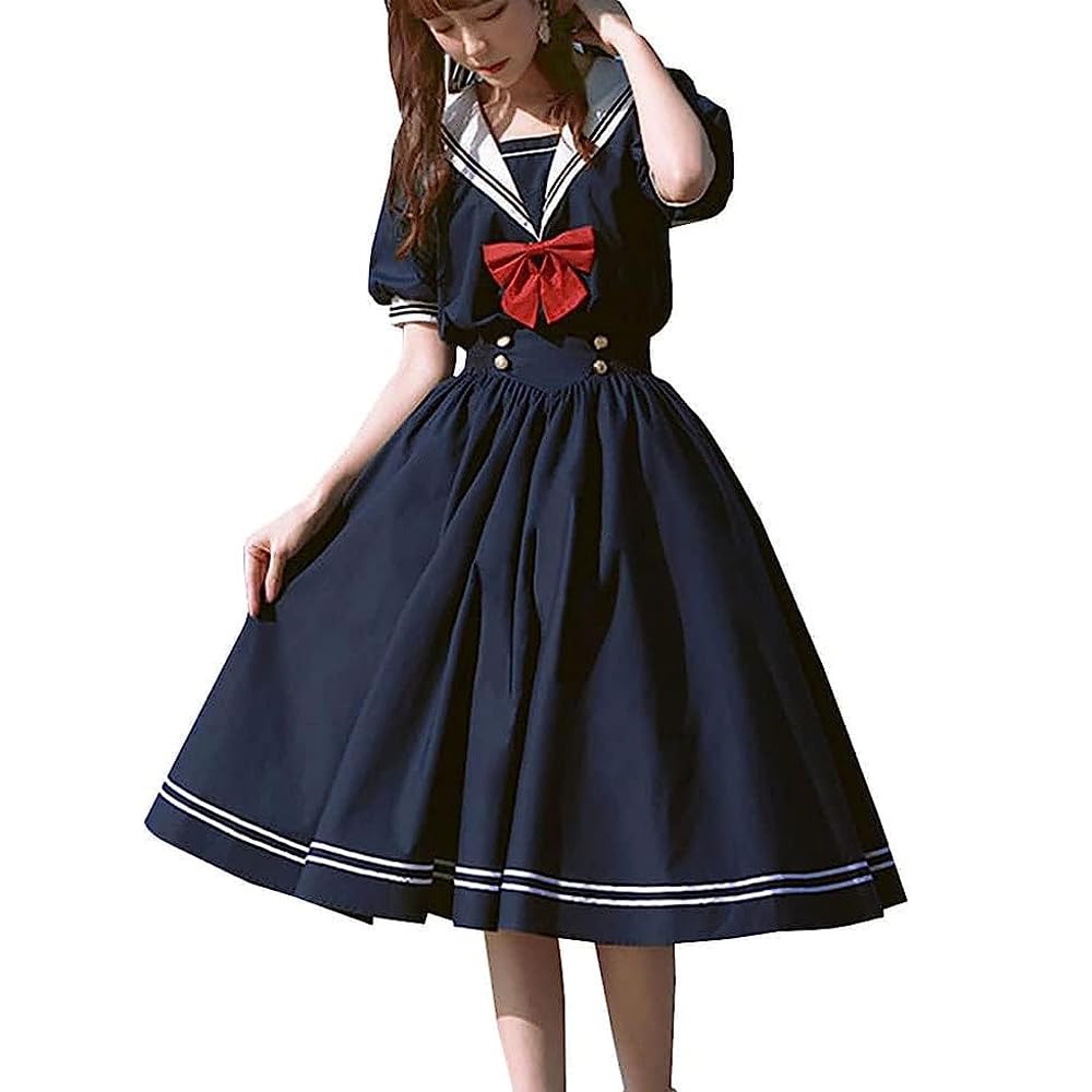 【100枚！5%COUPON+P5倍→実質2703円 11/17まで】セーラー服 ワンピース 半袖 ネイビー ブルー ホワイト 女子高生 2点セット ハロウィン 衣装 Aライン JK 制服 コスチューム ドレス ロングスカート 蝶結ぶ 女子制服 写真 撮影 ロリータ 文化祭 学・歳 海軍風 かわいい