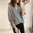 【オープン記念!5%OFFクーポン・11/1まで】七分袖ブラウス レディース オシャレ ブラウス 春夏 OL ボーダー柄トップス 韓国風 40代 通勤 vネック 着痩せ 大人 リボン ブラウス ブラウス