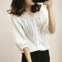 【オープン記念!5%OFFクーポン・11/1まで】レディース ブラウス 30代 40代 白 レース トップス Vネック シャツ 五分袖 ブラウス オシャレ 韓国風 ゆったり 大人 上品 通勤 送料無料 ブラウス パフスリーブ トップス