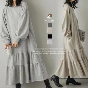 【100枚！5%COUPON+P5倍→実質3499円 11/17まで】ワンピースレディース ルーズフィット ミディ丈 ロングスリーブ 膝丈ロングドレス 個性 ぴったり パッチワーク フリル裾 スウェット