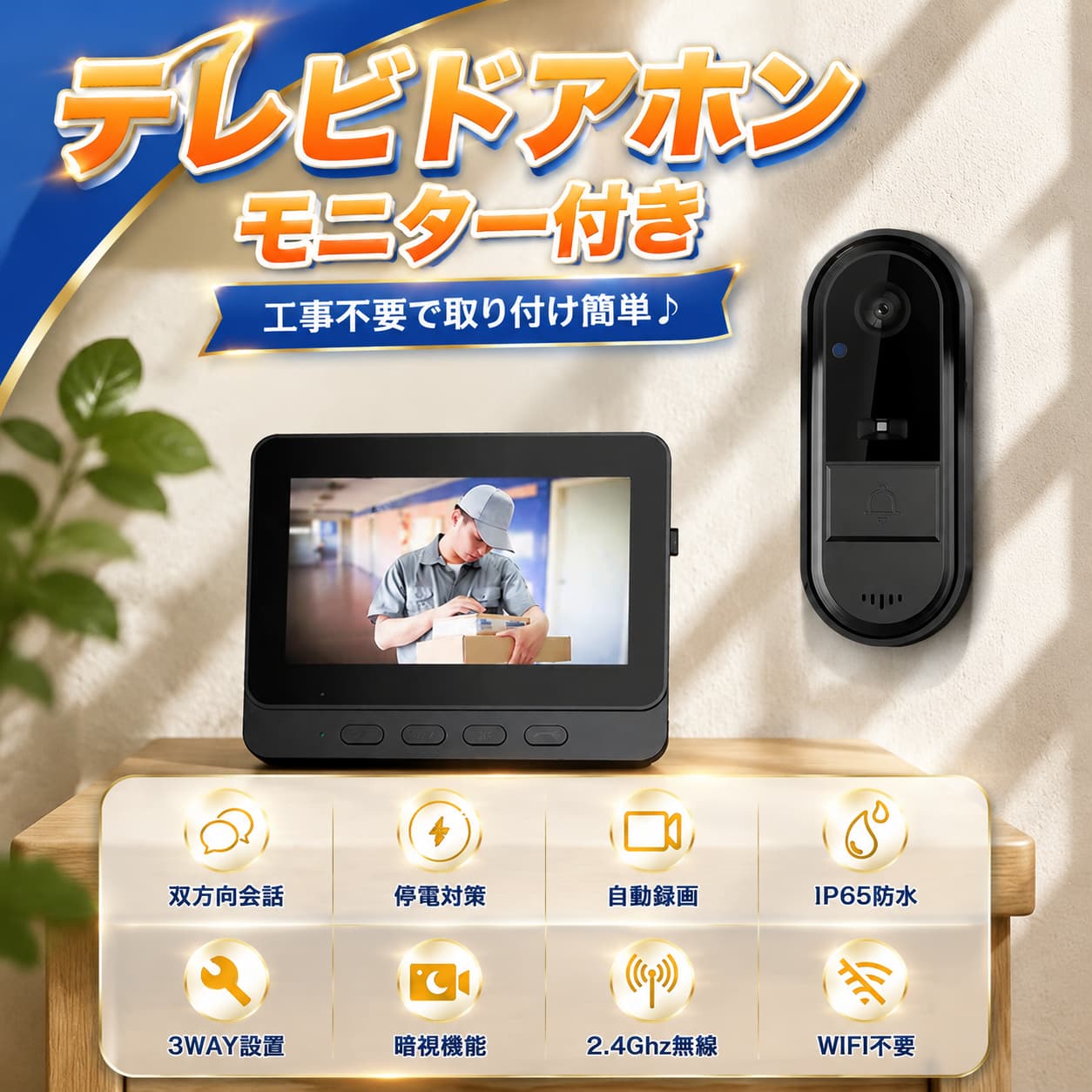 ＼超目玉商品／インターホン ワイヤレス WIFI不要 工事不要 カメラ付き ワイヤレス...