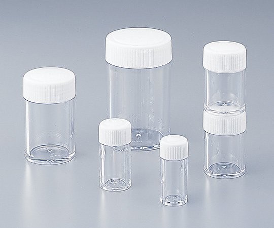 【特徴】キャップ天面部と本体底部が凹凸により重なりますので、積み重ねが可能です。【仕様】容量(mL):50口内径×胴径×高さ(mm):φ35.8×φ44.0×67.3入数:1ケース(100本入)材質:本体/PS(ポリスチレン)、キャップ/PP(ポリプロピレン)型番:SS-50