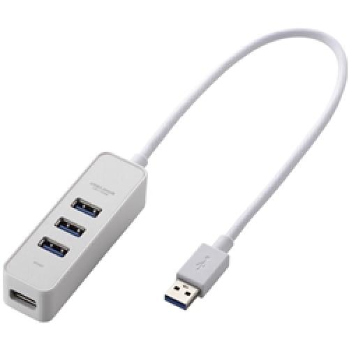 型番:U3H-T405BWHJANコード:4953103749603■転送速度5Gbpsと従来のUSB2.0の約10倍の転送速度(理論値)を実現するUSB3.0に対応したUSBハブです。 ■インターフェイス:USB3.0(USB2.0インターフェース接続時は、USB2.0互換で動作、USB1.1インターフェース接続時はUSB1.1互換で動作) ■コネクタ形状:パソコン側(アップストリームポート):USB A(オス)、USB機器側(ダウンストリームポート):USB A(メス)x4 ■対応OS:Windows 10、8.1、8、7(SP1)、Vista(SP2)、XP(SP3)/ Mac OS X 10.6～10.6.8/OS X 10.7～10.7.5、10.8～10.8.3 ■最大転送速度:USB3.0スーパースピード/5Gbps(理論値)、USB2.0ハイスピード/480Mbps(理論値)、USB1.1フルスピード12Mbps(理論値) ■アップストリーム(パソコン側)ポート数:1 ■ダウンストリーム(周辺機器側)ポート数:4 ■USBケーブル方式:USB3.0 ■USBケーブル長:約30cm(コネクタ除く) ■電源方式:バスパワー ■供給可能電流:USB3.0接続時:4ポート合計720mA以内(各ポート180mA未満)、USB2.0接続時:4ポート合計400mA以内(各ポート100mA未満) ■カラー:ホワイト ■外形寸法:約幅112×奥行32×高さ22mm(ケーブルを除く) ■動作環境:温度5～40℃、湿度30～80%(結露なきこと) ■保証期間:6カ月 ■重量:約90g