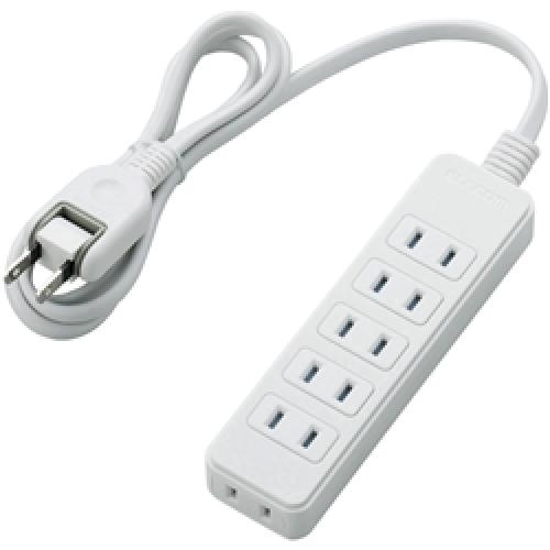 5 Holes + - ELECOM T-ST02-22610WH ほこりシャッター付き電源タップ/6個口/1m/ホワイト
