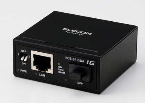 型番:ECB-SF-GDAJANコード:4549550422765■1000BASE-T対応のRJ45ポートとSFPスロットを搭載したGiga光メディアコンバーターです。 ■イーサネット側|データ通信速度:1000Mbps、100Mbps、10Mbps ■イーサネット側|通信方式:1000M:全二重、100M/10M:全二重/半二重 ■イーサネット側|LANポート:10/100/1000BASE-T(RJ-45型8極コネクター)×1 ■SFP側 接続可能機器:ELECOM製「EHB-EX-SFPGSX」、「EHB-EX-SFPGLX」、「EHB-EX-SFPGBW-P」のみ ■コネクター形状:RJ-45×1、SFP×1 ■機能スイッチ:スイッチ1:LFPモード ON/OFF、スイッチ2:Converter(ON側)/Switchモード(OFF側) ■電源仕様:ACアダプター ■消費電力:2.4W(最大) ■外形寸法:幅約61.0mm×奥行約58.0mm×高さ約26.0mm(本体のみ) ■質量:約140g(本体のみ) ■設置方法:水平設置、壁掛け(※)、DINレール(35mm幅)(※) ※付属の金具を使用 ■環境条件 動作時|温度:0℃～50℃ ■環境条件 動作時|湿度:10%～90%(結露なきこと) ■規格|環境基準:EU RoHS準拠(10物質) ■規格|EMI規格:VCCI Class A ■規格|安全規格準拠:IEC61000-4-2:Lv.4準拠 ■パッケージ内容:製品本体1台、専用ACアダプター(約1.5m)1個、他 ■保証期間:3年間 ■保守サービス|デリバリー/センドバック延長