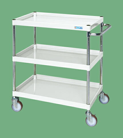 ●外寸：W750×D500×H880mm●均等耐荷重：150kg●本体色：パールホワイト●質量：21kg●キャスター：100φナイロンウレタン車●段数：3●支柱：クロムメッキ25.4φ、棚板調整ピッチ50mm●改正RoHS10物質対応