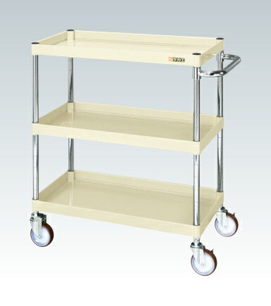 ●外寸：W750×D500×H880mm●均等耐荷重：150kg●本体色：パールホワイト●質量：21kg●キャスター：100φナイロンウレタン車●段数：3●支柱：クロムメッキ25.4φ、棚板調整ピッチ50mm●セット内容（付属品）：直進安定...