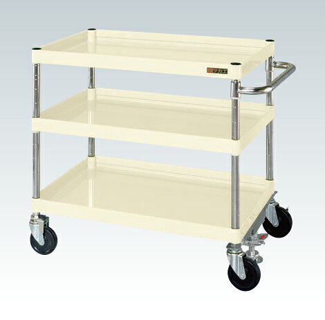 ●外寸：W750×D500×H740mm●均等耐荷重：150kg●本体色：アイボリー●質量：23kg●キャスター：100φゴム車●段数：3●支柱：クロムメッキ25.4φ、棚板調整ピッチ50mm●改正RoHS10物質対応