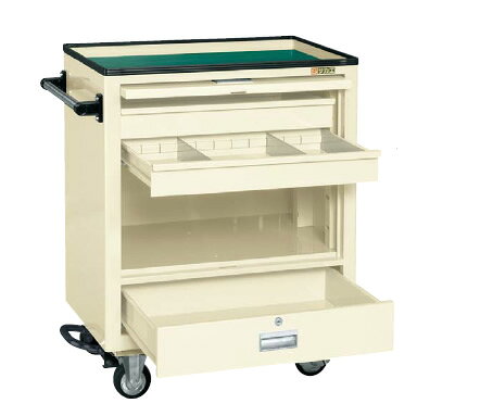 ●外寸：W700×D450×H880mm●均等耐荷重：280kg●質量：45kg●本体色：アイボリー●キャスター：100φゴム車●セット内容・付属品：フットブレーキ付・マット付●上段引出し2段●引出し内寸：浅引出し＝W569×D319×H68mm(各段仕切2枚付)、下段引出し＝W589×D360×H116mm(仕切不可)