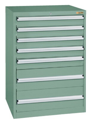●外寸：W700×D550×H1000mm●カラー：グリーングレー●質量：97kg●耐震構造：3重安全装置内蔵!●オールロック機構●ラッチ機構●セーフティロック機種●H100：5個、H150：1個、H250：1個●引出段数：7段●引出内寸法：H100：W598×D461×H82mm、H150：W598×D461×H132mm、H200：W598×D461×H182mm、H250：W598×D461×H232mm