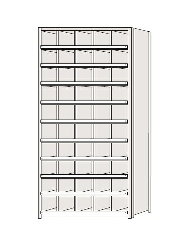 ●外寸：W875×D250×H1800mm●タイプ：5列×10段　コボレ止め付タイプ●カラー：ホワイトグレー●均等耐荷重（1段あたり）：100kg●均等耐荷重（1台あたり）：800kg●1マス有効寸法：W163×D250×H147mm●材質：スチール●特長：足部にスチールベースが付いている為、床面に安定した設置か可能●特長：高さ10mmの前面コボレ止め付きで、収納物の落下を防止●完成品