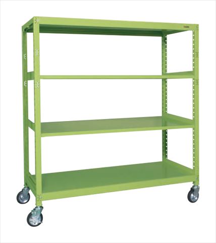 ●寸法：W1500×D750×H1650mm●均等耐荷重（棚1連当り）：450kg●均等耐荷重（棚板1段当り）：250kg●段数：4段●カラー：グリーン●質量：92kg●キャスター：125φゴム車●中棚は50mmピッチで組み替え可能●注意事項棚板段数は、天棚及び底棚を含みます。