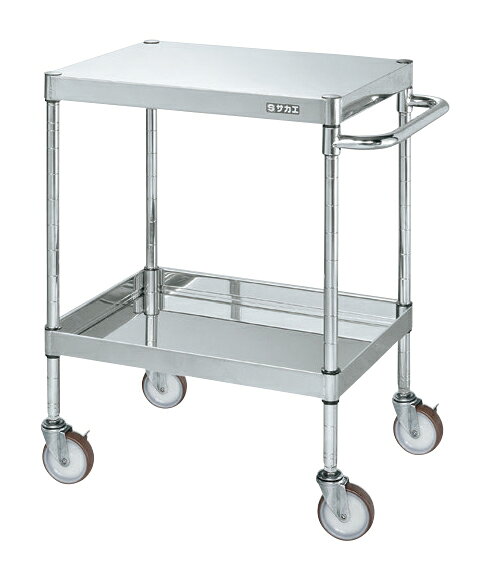 ●外寸：W600×D450×H800mm●均等耐荷重：100kg●材質：SUS430、BA仕上げ(支柱・取手=スチール(ダブルニッケルクロムメッキ仕上げ))●質量：10kg●キャスター：100φナイロンウレタン車●キャスター金具：スチール●段数：2●支柱：クロムメッキ25.4φ●改正RoHS10物質対応