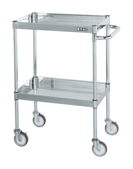 ●外寸：W600×D400×H880mm●均等耐荷重：100kg●材質：SUS304、BA仕上げ●質量：10kg●キャスター：100φナイロンウレタン車●キャスター金具：ステンレス●段数：2●支柱：SUS304(BA仕上げ)25.4φ●改正RoHS10物質対応