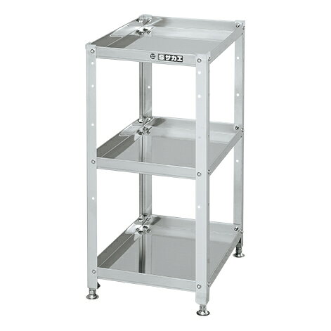 ●外寸：W400×D330×H730mm●均等耐荷重：120kg●質量：7kg●材質：SUS304●アジャスター：ステンレス製　ネジ径M12　P×1.75●支柱突き合わせ方式●棚板は皿型・フラット型変更可能