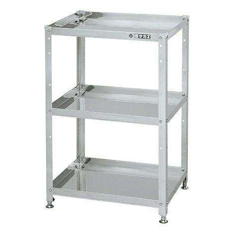 ●外寸：W400×D330×H810mm●均等耐荷重：120kg●質量：7kg●材質：SUS304●アジャスター：ステンレス製　ネジ径M12　P×1.75●支柱突き合わせ方式●棚板は皿型・フラット型変更可能