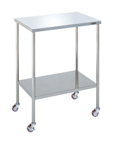 ●外寸：W600×D400×H760mm●均等耐荷重：50kg（25kg/段）●質量：9kg●材質：SUS304、BA仕上げ●キャスター：50φナイロンウレタン車 スチール金具（ストッパー付2個）