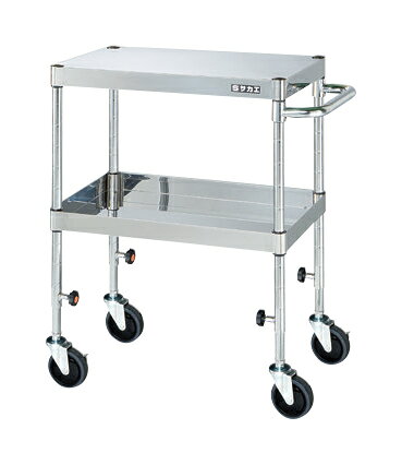 ●外寸：W750×D600×H725〜975mm●均等耐荷重：75kg●材質：SUS430、BA仕上げ(支柱・取手=スチール(ダブルニッケルクロムメッキ仕上げ))●質量：16kg●キャスター：100φナイロンウレタン車●キャスター金具：スチール●段数：2●支柱：クロムメッキ25.4φ●改正RoHS10物質対応