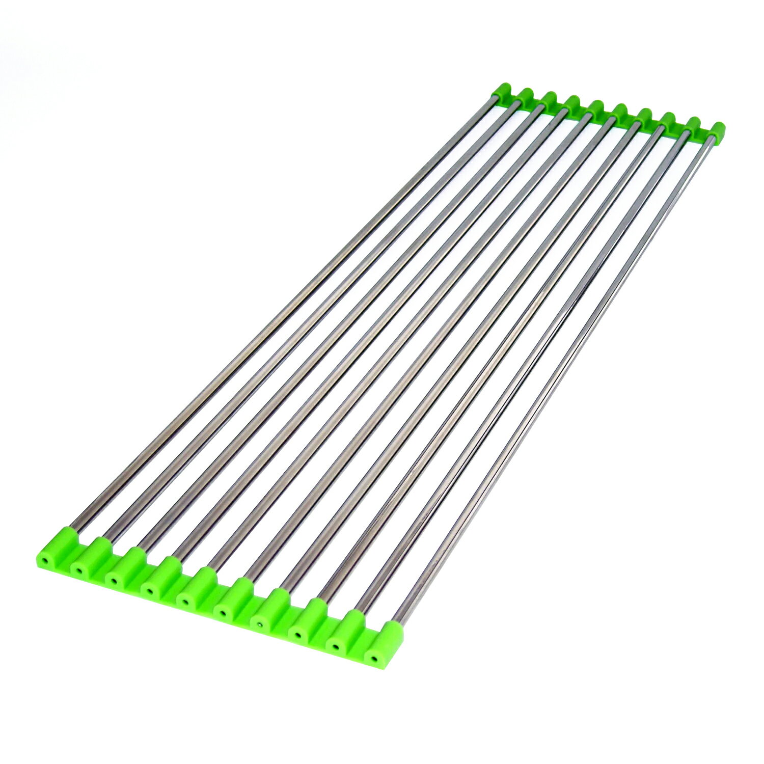 パイプ10本のスノコタイプ水切り。 シンクの上に置いてふきんやスポンジ、食器や野菜の水切りなどに。 また、一時的に調理台を広くしたい時にも最適です。 使わない時は丸めて収納できるのでかさばりません。 耐荷重：約5kg サイズ：57×16cm...