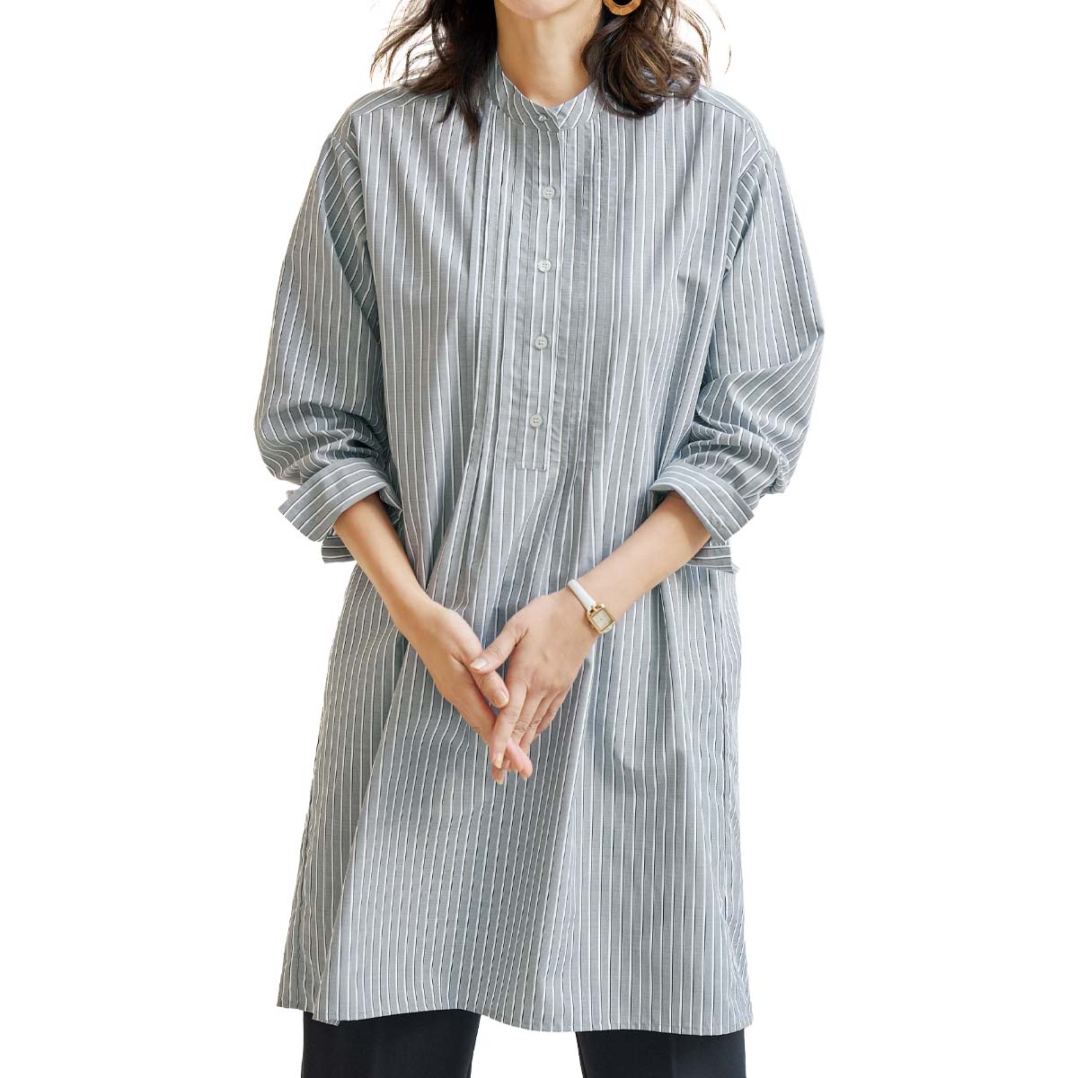 ピンタックデザインストライプシャツチュニック【T】 テレビショッピング まるごと得だね市！から登場