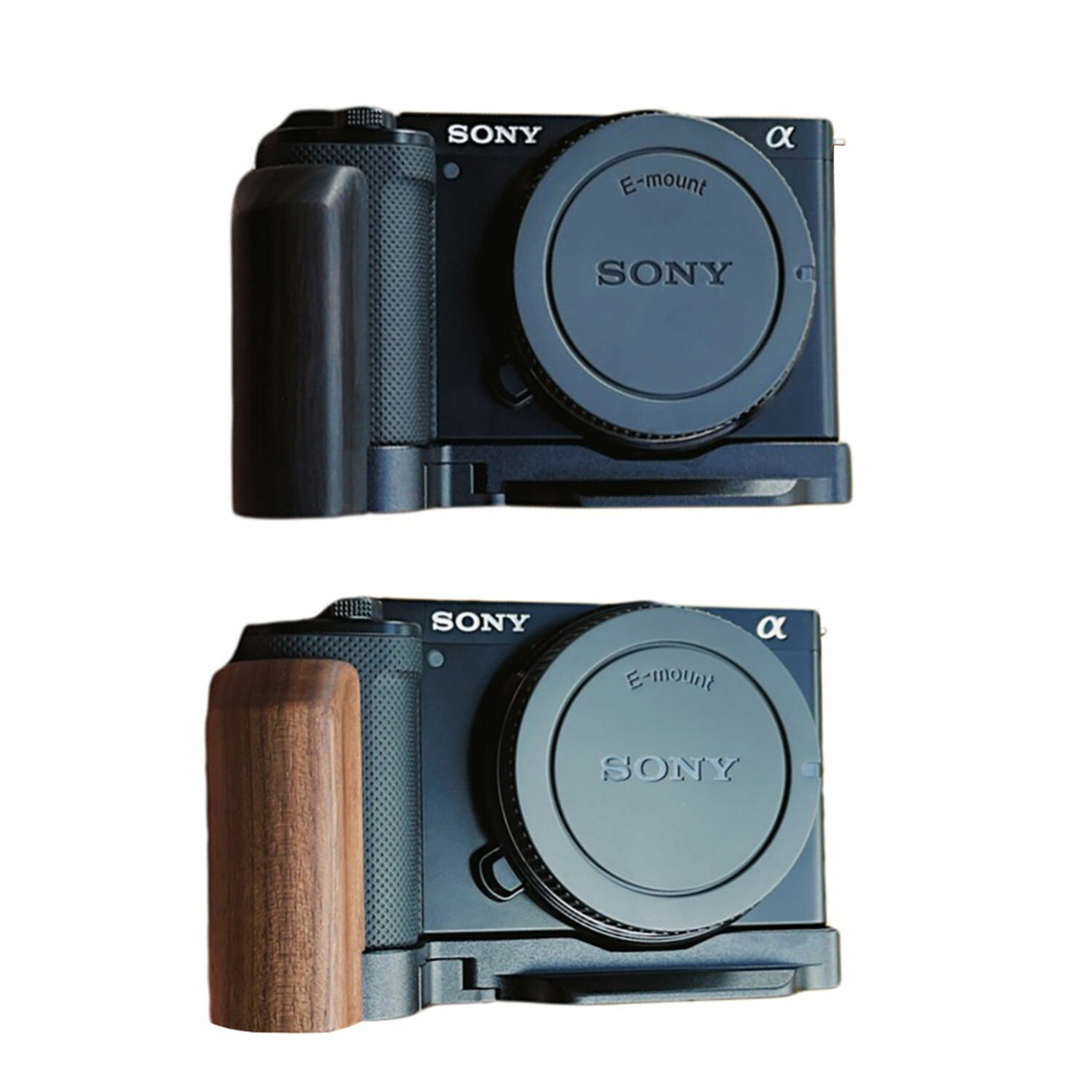 SONY ZV-E10 専用 ハンドグリップメタル 檀木材 ハンドメイド ボディケース 用のハンドグリップです 高級手作り木質 互換 電池交換便利 底面開閉