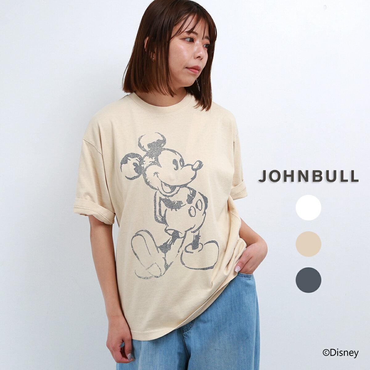 Rakuten - JOHNBULL ミッキーマウス MICKEY MOUSE プリント Tシャツ レディース メンズ ジョンブル JT252C02 半袖 リブ ブランド 大きいサイズ 大きめ ゆったり 綿 白 黒 30代 40代 50代 かわいい おしゃれ
