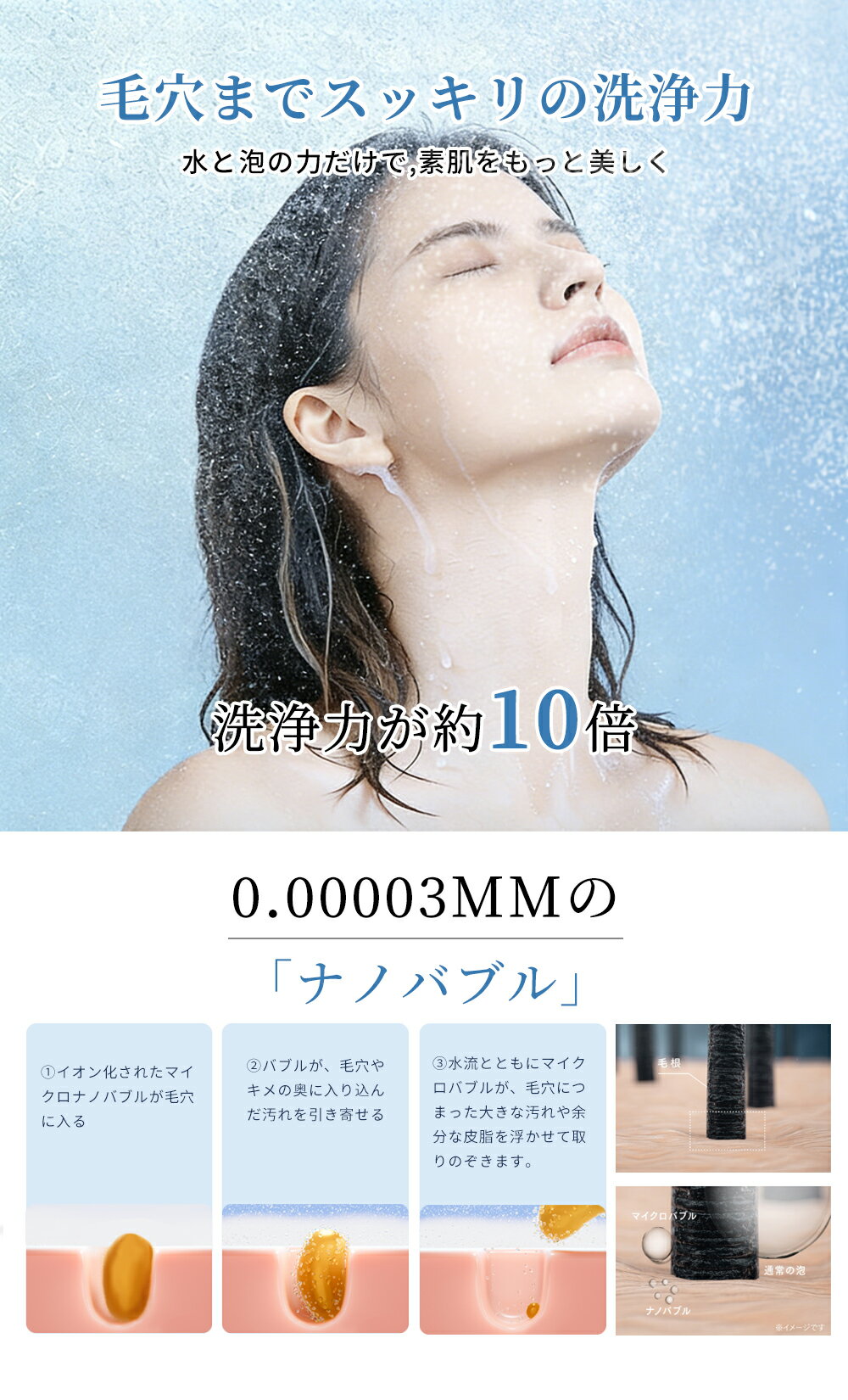 【時間限定！50%OFFクーポンで2,990円！】シャワーヘッド ミスト マイクロナノバブル 節水 シャワー 6段階モード ウルトラファインバブル 増圧 肌ケア 手元止水 高洗浄力 毛穴 汚れ 除去 美髪 美肌 美顔 美容 取付簡単 アダプター付 ー 国際汎用基準G1/2 3