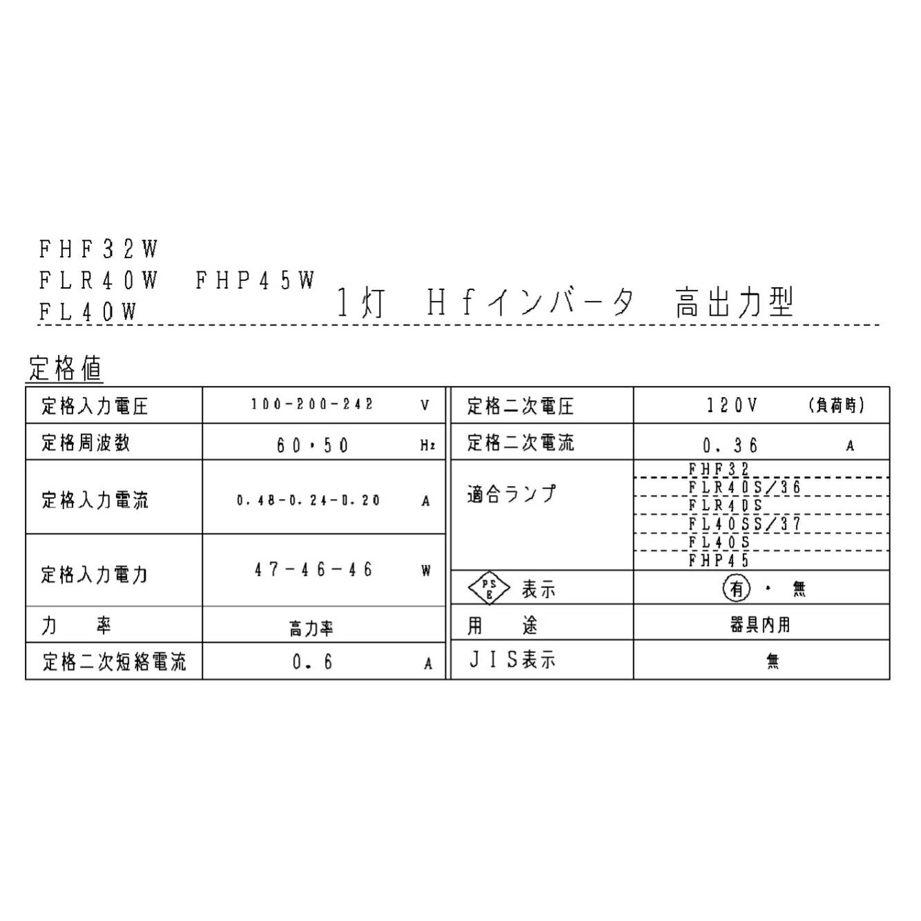 楽天ランプと光の総合企業　えいこー堂パナソニック FZ32198946MW Hfインバータ 1灯 高出力型 適合ランプ FHF32 FLR40S/36 FLR40S FL40SS/37 FL40S FHP45 定格入力電圧 100-200-242V 定格周波数 50/60Hz 定格入力電流0.48-0.24-0.20A 定格入力電力 47-46-46W 高力率 器具内用