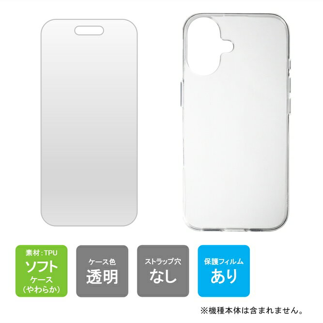 【当店のiPhone 16のケース（カバー）デザインについて】当店のiPhone 16 ケース（カバー）は、カメラ部分を保護しないデザインのケース（カバー）になります。そのため、カメラ部分に凹凸がない仕様のケース（カバー）となっております。＊凹凸がない平になった形状のケース（カバー）になります。予めご了承の上、ご購入下さい。よろしくお願い申し上げます。【スマホケース（スマホカバー） + 保護フィルム セット】ソフトケース（ソフトカバー）と保護フィルムがセットになった商品です。価格は、ソフトケース（ソフトカバー）と保護フィルムを単体で買うよりこちらのセットの方がお得になっております。【商品特長】スマートフォン（スマホ）本体を買ったら、スマートフォン（スマホ）本体の保護のためすぐに買って欲しいスマホケース（スマホカバー）と保護フィルムです。ケースの素材は、柔らかいソフトケース（ソフトカバー）です。保護フィルムの素材は、薄型のPETです。【対応機種】iPhone 16【商品説明】・スマートフォン（スマホ）本体を保護するTPU素材のソフトケース（ソフトカバー）です。・無地ケース（無地カバー）のまま装着してもOK、デコレーション用ボディで使ってもOKのシンプルで定番のスマホケース（スマホカバー）です。・TPU素材で柔らかくて手触りが良く滑りにくいです。・存在感を感じさせない純透明（クリア）です。・スマートフォン本体の背面、側面を傷や汚れから保護します。・スマホケース（スマホカバー）を装着したままケーブルで充電が可能です。【商品仕様】・素材（ケース本体）： TPU・ソフトケース（ソフトカバー）・カラー：クリア・クリアケース（クリアカバー）保護フィルム【保護フィルムを上手に貼るポイント】当店がお勧めする保護フィルム貼り方を、記載させて頂きます。1.保護フィルムを貼り付ける前に、スマートフォン（スマホ）液晶画面のホコリや汚れなどを付属のクロスで落とす。＊ホコリや汚れがありますと、フィルムに空気が入りますので、ご注意下さい。2.保護フィルムの【2.FRONT】シールが貼られたシートをすべて剥がす。3.シートを剥がさずにスマートフォン（スマホ）液晶画面の上にのせ、四隅・上下左右四辺が同じくらいになる位置を確認する。4.保護フィルムの【1.BACK】シールが貼られたシートを3分の1程度剥がす。5.上記【3】で位置決めしたところに、上の方から空気が入らないように指でなでながら貼りつける。（液晶画面の3分の1がフィルム貼り完了。）6.残りの3分の1程度を剥がし、上記【5】と同様に貼り付ける。（液晶画面の3分の2がフィルム貼り完了。）7.残り3分の1くらいになったら自然に【1.BACK】シールが貼られたシートがはがれるので、上記【5】【6】同様に貼り付ける。（フィルム貼り完了。）＊上手に貼れるか不安な方は予備として、もう1枚購入することをオススメします。【その他：注意点】・ホコリが舞いづらい環境で貼って下さい。・静電気が発生してホコリが付きやすくなるため液晶クリーナーでディスプレイを擦りすぎない。・ホコリの侵入を防ぐため、フィルムをシートから剥がす時は、粘着面を下向きにする。・衣類についている糸くずや繊維の混入にご注意下さい。【ご購入前に必ずご確認下さい】・フィルムは、スマートフォン画面の平面部分だけになります。丸みを持たせたスマートフォンはフィルム自体がかなり小さくなる場合がございます。予めご了承下さい。・説明書は用意しておりません。販売ページ内に簡単な貼り方をご紹介しておりますので、ご確認の上、貼り付けをお願い申し上げます。不明点などがありましたら、事前にご連絡下さい。・フィルムを貼った際は、多少の空気が入り気泡ができます。使っているうちに気泡はなくなっていきますが、気泡が気になる場合は、ヘラなど平のもので気泡を外に逃がして下さい。気泡を外に逃がす際は、強くやり過ぎますとフィルム本体やスマートフォン本体を傷付ける場合がありますので、軽く押して気泡を外に逃して下さい。・本製品は、ディスプレイがラウンド系の機種に対応するため、左右幅を少し短めに設計しています。機種によっては、ディスプレイの左右端を少しだけカバーしない場合がございます。【商品説明】・スマートフォン（スマホ）本体のスクリーン（画面）を傷や汚れから保護する保護フィルムです。・スクリーン（画面）を保護するPET素材の光沢タイプです。・ガラスフィルムよりも薄くて軽いです。・リーズナブルな価格で、コストパフォーマンスが最高です。【商品仕様】・素材：PET（接合面 / シリコン）・色：クリア・付属品：乾式クリーニングクロス x 1個【商品内容】iPhone 16ケース（カバー） + 保護フィルム x 1個【注意事項】※スマートフォン（スマホ）本体は付属しません。※スマートフォン（スマホ）本体を完全に保護するものではございません。※ストラップホールはケース（カバー）の形状によってある場合とない場合がございます。※仕様は予告なく変更する場合がございます。※卓上型充電器には対応していない場合がございます。※装着したケースが保護フィルムに干渉する場合がございます。※高温/多湿/火気近くで保管、使用しないでください。※輸入品につき、若干のスレキズ等がある場合がございます。※仕様は予告なく変更する場合がございます。※照明やモニターの明るさ/コントラストの設定などで、写真の色と実際の商品で若干の違いがございます。※本商品の使用については、全てお客様各位の責任において利用くださいませ。本商品を原因とする機器の破損、データの損失等、弊社では一切の責任を負いませんので、予めご了承くださいませ。【原産国】中国【発送予定について】1〜3営業日で出荷予定。在庫状況により出荷までお時間を頂く可能性がございます。【おすすめ】・ちょっとしたプレゼント（ギフト）やポイント消化にご利用下さい。＊プレゼント ギフト 誕生日 クリスマス 母の日 父の日 クリスマス ペア カップル 喜ぶ 人気＊当店ではプレゼント（ギフト）梱包は行っておりません。予めご了承下さい。当店では、ほぼ全機種のスマートフォンのスマホケース（スマホカバー）やフィルム（保護フィルム）、充電ケーブルなどスマホアクセサリーを豊富に取り扱いしております。また、【1個よりもお得な2個セット】や、【別々で買うよりお得なスマホケース（スマホカバー）とフィルム（保護フィルム）セット】などをご準備しております。＊売り切れなどで販売停止になっている場合もございます。予めご了承下さい。【関連用語】iPhone 16 ケース アイフォーン16 ケース iPhone16ケース 人気 16 ケース 16 カバー iPhone16 ケース 手帳型 かわいい iPhone 16 カバー アイフォーン16 カバー iPhone16カバー iPhone 16 カバー iPhone 16カバー iPhone 16 手帳型ケース関連商品即日出荷 ケース（カバー） 保護フィルム セット iPhone16 ケ...即日出荷 ★保護フィルムセット Xperia 10 VII ケース S...即日出荷 ケース（カバー） 保護フィルム セット iPhone16 P...1,100円1,100円1,100円即日出荷 ケース（カバー） 保護フィルム セット iPhone16 P...即日出荷 ケース（カバー） 保護フィルム セット iPhone16 P...即日出荷 ケース（カバー） 保護フィルム セットNothing Pho...1,100円1,100円1,100円